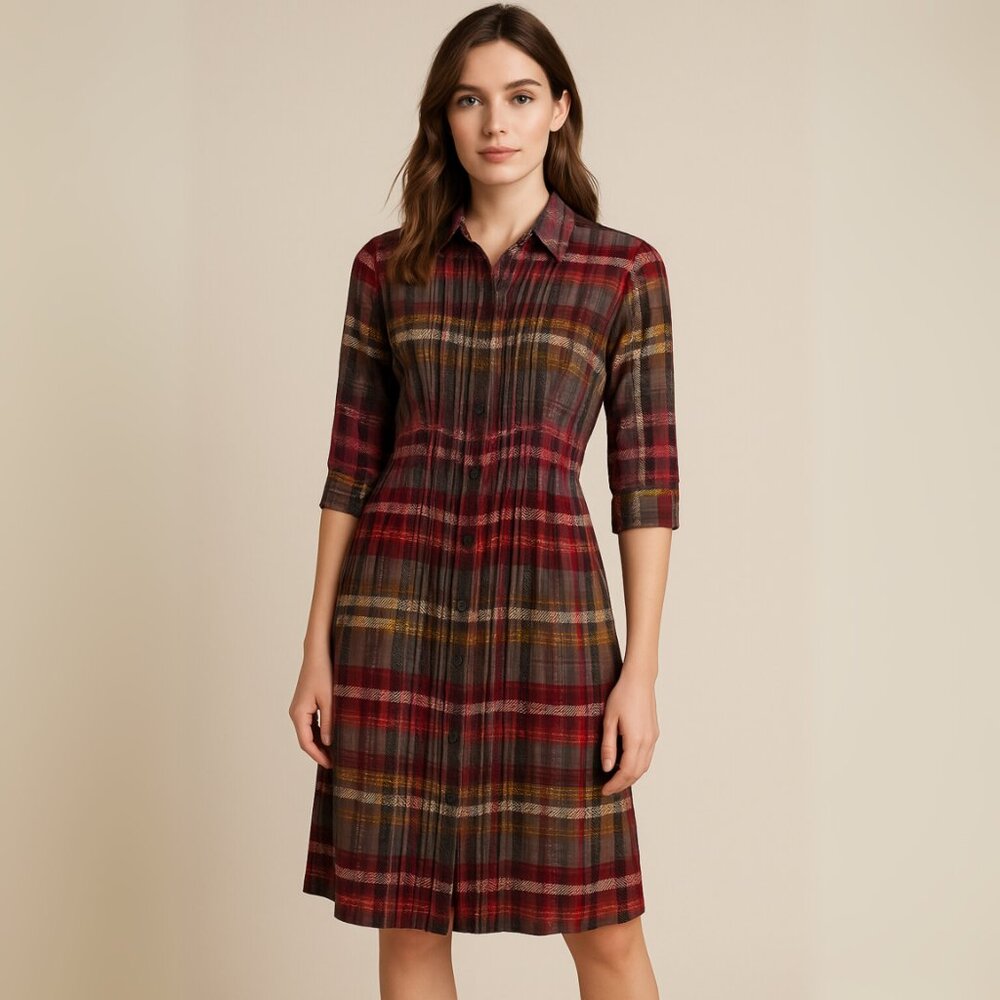 TRINA TURK 100& Silk Plaid Shirt Dress with Pin-tuck Waist